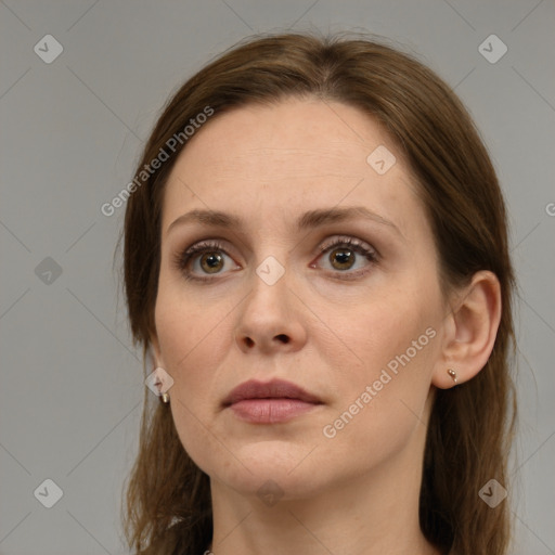 Neutral white young-adult female with medium  brown hair and grey eyes