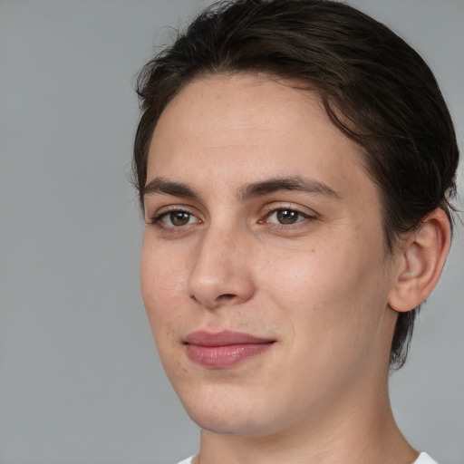 Joyful white young-adult female with medium  brown hair and brown eyes