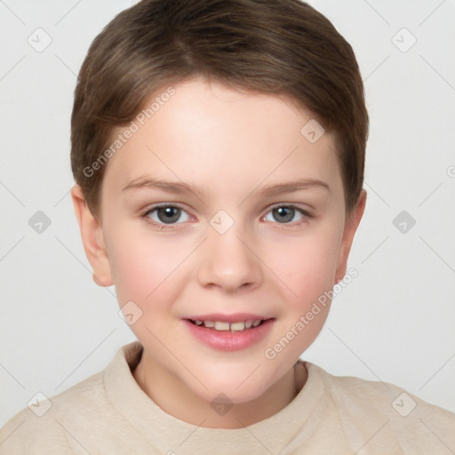 Joyful white child female with short  brown hair and brown eyes