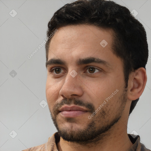 Neutral white young-adult male with short  black hair and brown eyes