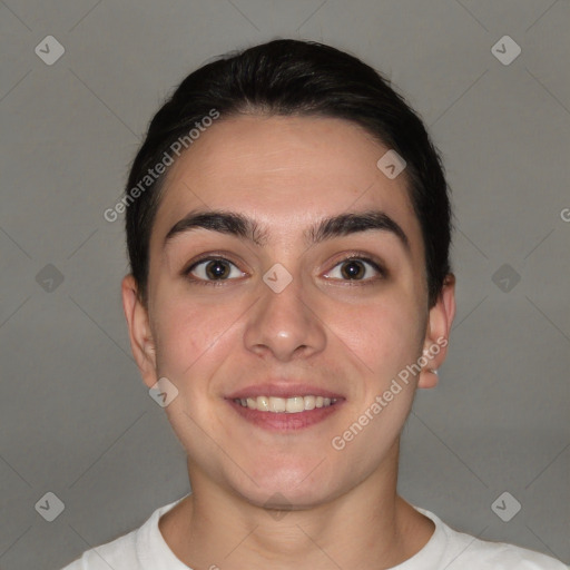 Joyful white young-adult female with short  brown hair and brown eyes