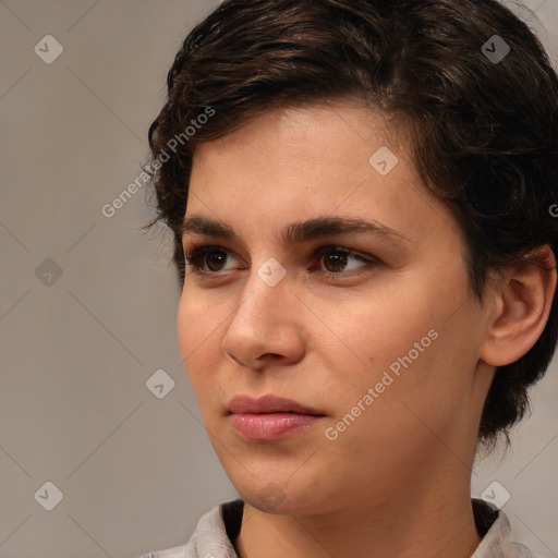 Neutral white young-adult female with medium  brown hair and brown eyes