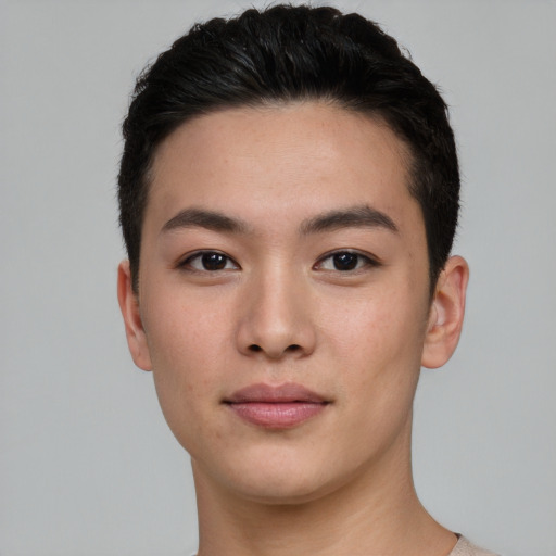 Neutral asian young-adult male with short  black hair and brown eyes