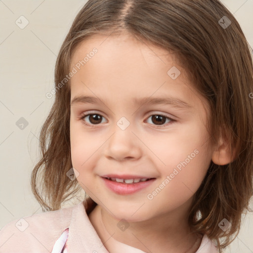 Joyful white child female with medium  brown hair and brown eyes