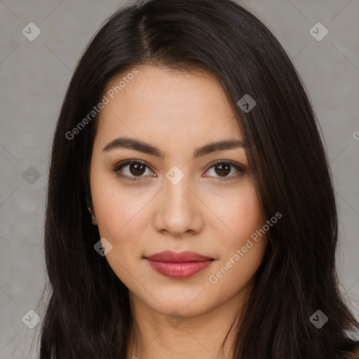 Joyful latino young-adult female with long  brown hair and brown eyes