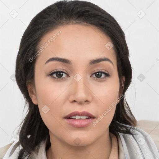 Neutral white young-adult female with medium  brown hair and brown eyes