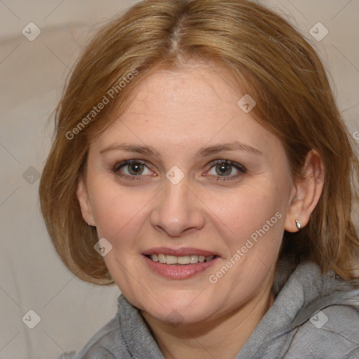 Joyful white adult female with medium  brown hair and blue eyes