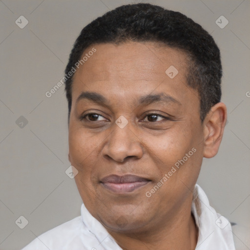 Joyful latino adult male with short  black hair and brown eyes