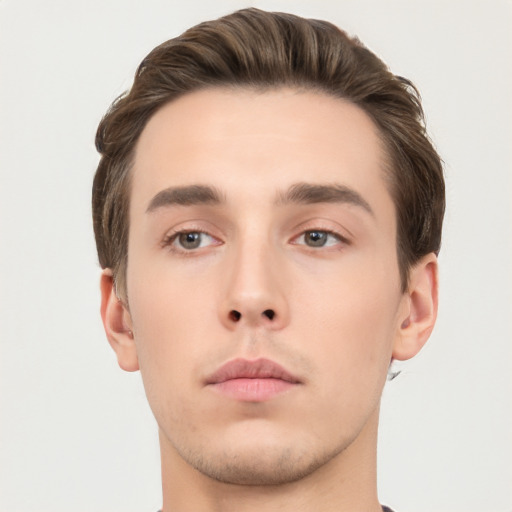 Neutral white young-adult male with short  brown hair and brown eyes