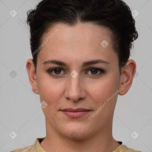 Joyful white young-adult female with short  brown hair and brown eyes