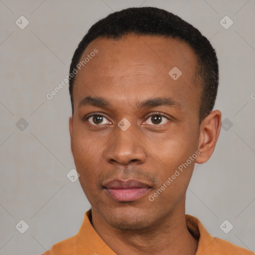 Joyful black young-adult male with short  black hair and brown eyes