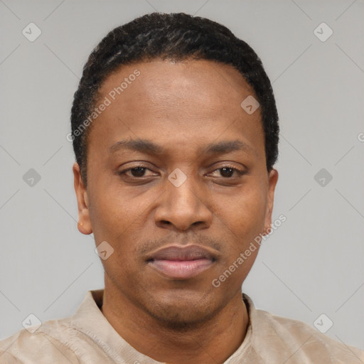 Neutral black young-adult male with short  black hair and brown eyes