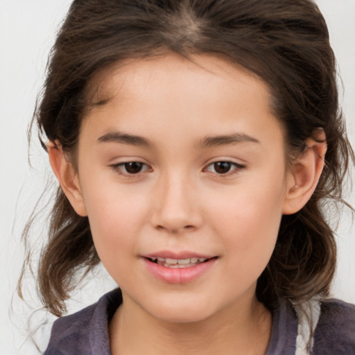 Joyful white child female with medium  brown hair and brown eyes