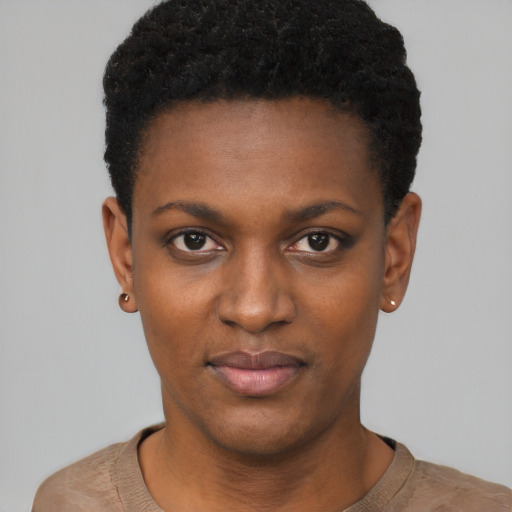 Neutral black young-adult female with short  black hair and brown eyes