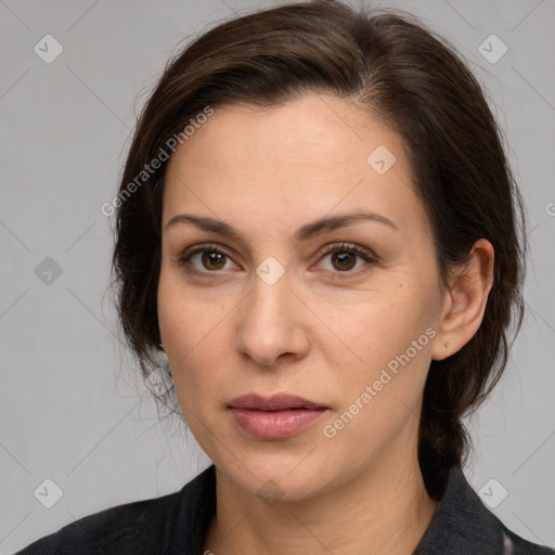 Neutral white young-adult female with medium  brown hair and brown eyes