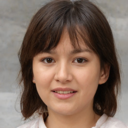 Joyful white child female with medium  brown hair and brown eyes