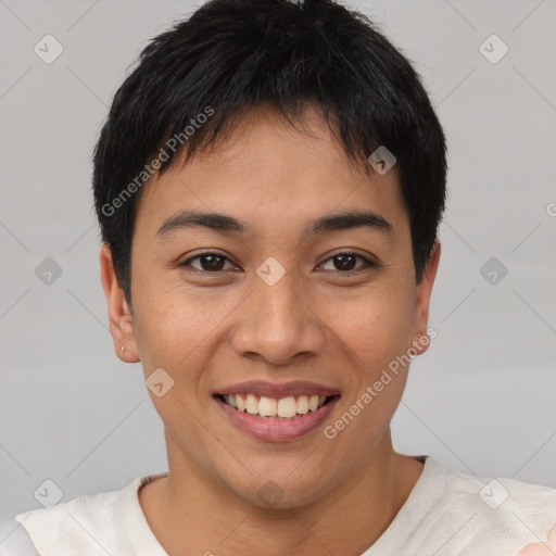 Joyful asian young-adult female with short  brown hair and brown eyes