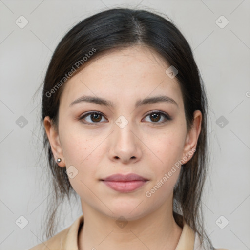 Neutral white young-adult female with medium  brown hair and brown eyes