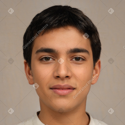 Joyful latino young-adult male with short  brown hair and brown eyes