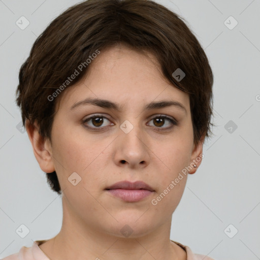 Neutral white young-adult female with short  brown hair and brown eyes