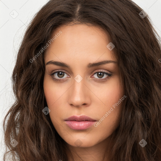 Neutral white young-adult female with long  brown hair and brown eyes