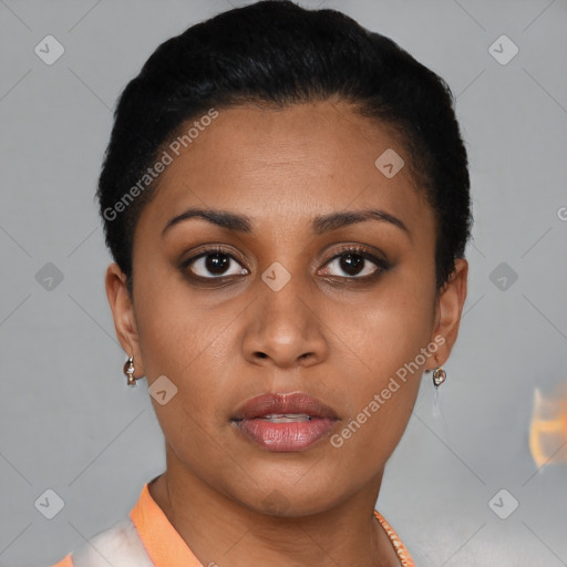 Neutral black young-adult female with short  brown hair and brown eyes