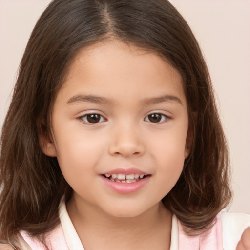 Joyful white child female with medium  brown hair and brown eyes