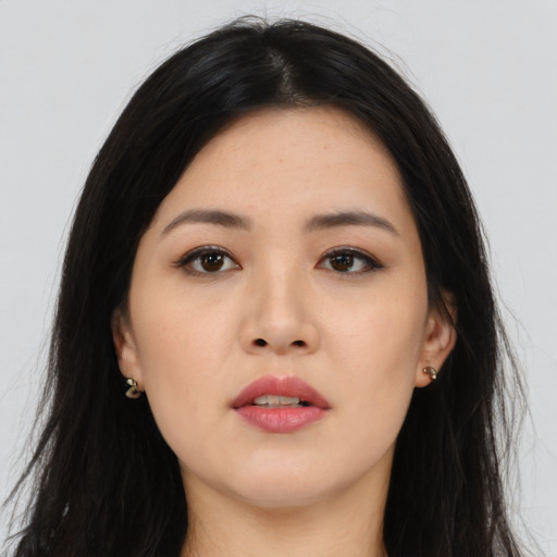 Neutral asian young-adult female with long  black hair and brown eyes