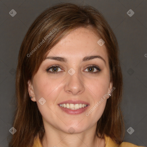 Joyful white young-adult female with medium  brown hair and brown eyes