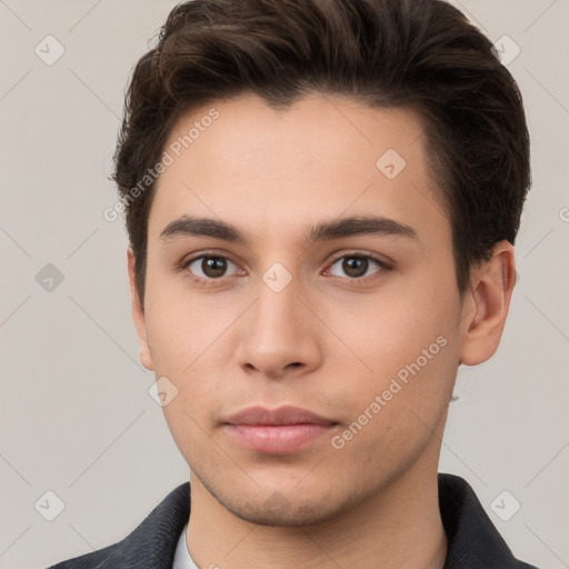 Neutral white young-adult male with short  brown hair and brown eyes