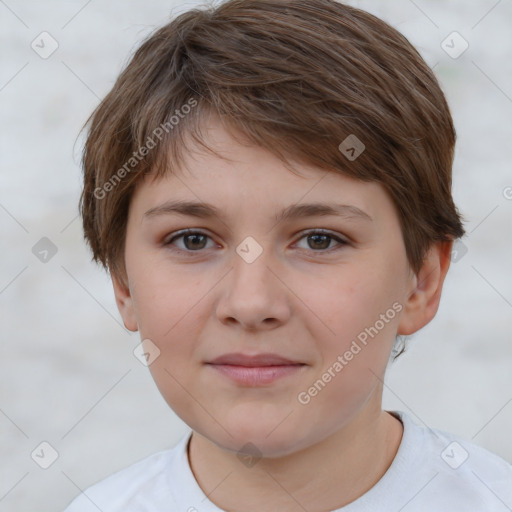 Joyful white child female with short  brown hair and brown eyes