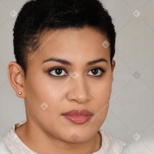 Joyful latino young-adult female with short  brown hair and brown eyes