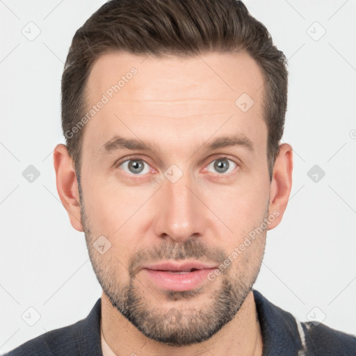 Neutral white adult male with short  brown hair and brown eyes