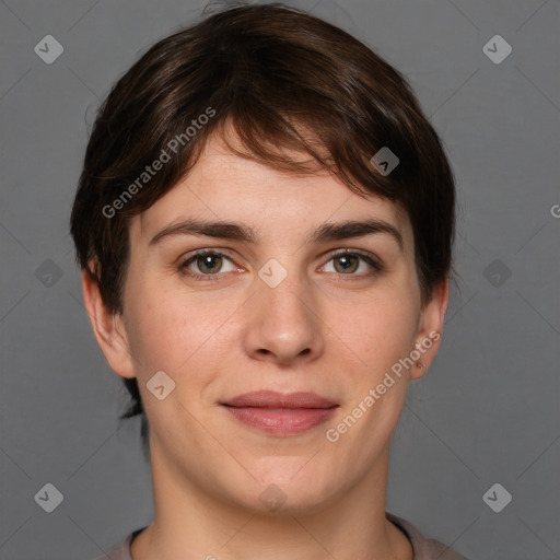 Joyful white young-adult female with short  brown hair and brown eyes