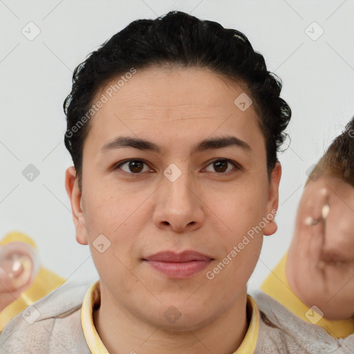 Joyful white young-adult female with short  brown hair and brown eyes