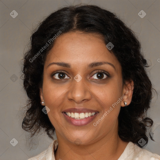 Joyful black young-adult female with medium  brown hair and brown eyes