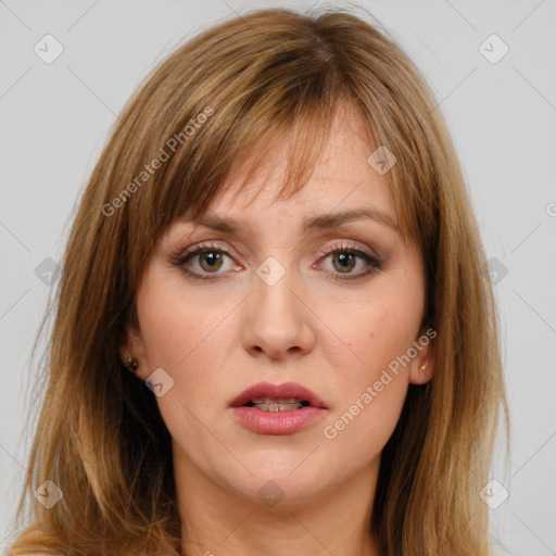 Neutral white young-adult female with medium  brown hair and brown eyes