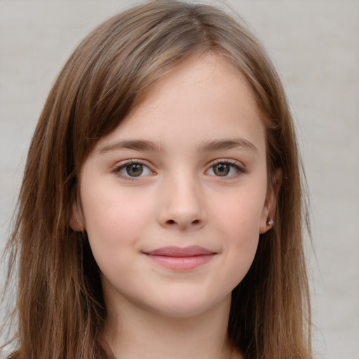 Joyful white child female with long  brown hair and grey eyes