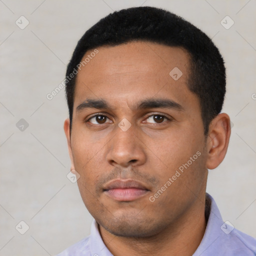 Neutral latino young-adult male with short  black hair and brown eyes