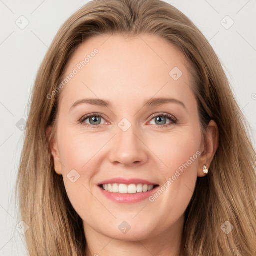 Joyful white young-adult female with long  brown hair and grey eyes