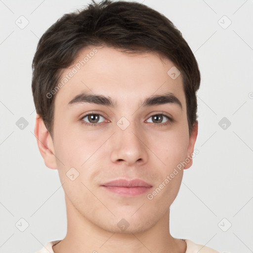 Neutral white young-adult male with short  brown hair and brown eyes