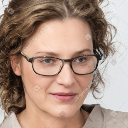 Joyful white adult female with medium  brown hair and blue eyes