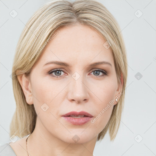 Neutral white young-adult female with medium  brown hair and blue eyes