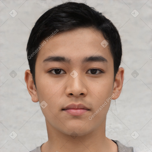 Neutral asian young-adult male with short  black hair and brown eyes