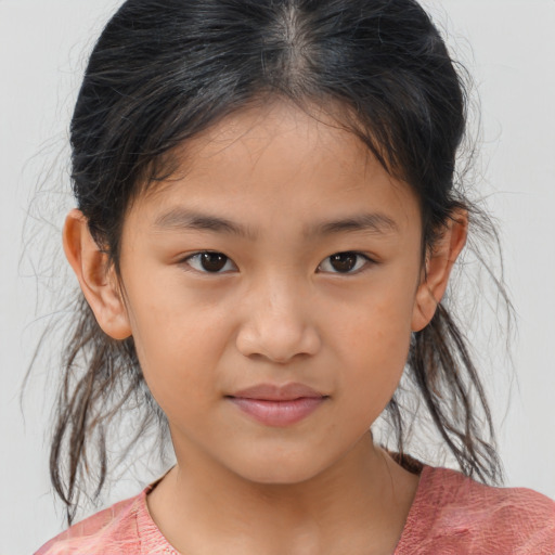 Joyful asian child female with medium  brown hair and brown eyes