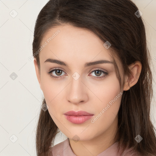 Neutral white young-adult female with long  brown hair and brown eyes