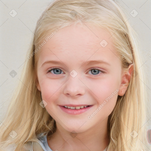 Joyful white child female with long  brown hair and blue eyes