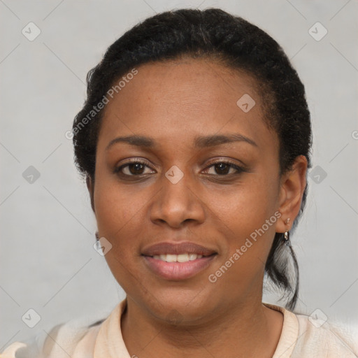 Joyful latino young-adult female with short  brown hair and brown eyes