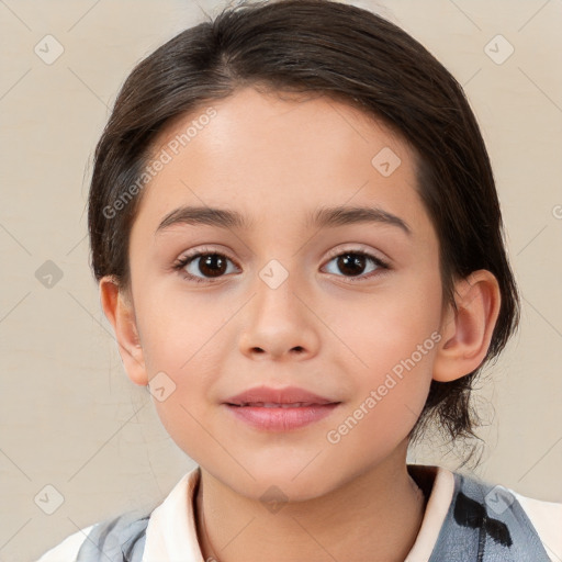 Joyful white child female with medium  brown hair and brown eyes