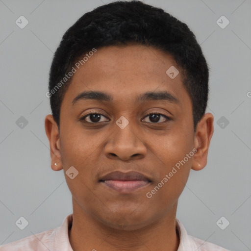 Joyful latino young-adult male with short  brown hair and brown eyes